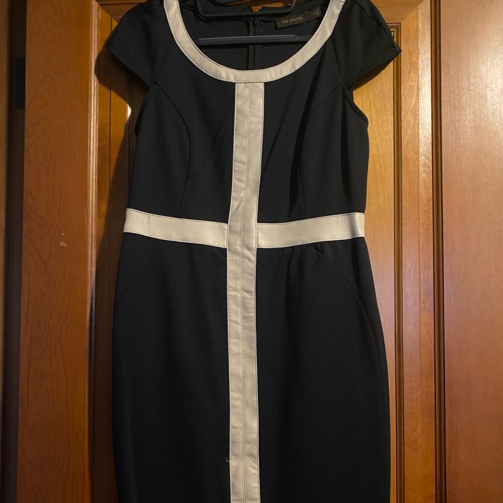 NWOT The Limited black sheath with tan leather trim dress, size medium